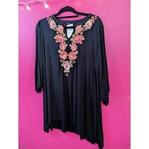 Embroidered Roses Black Rayon Boho Top Andree Size M Lace Back